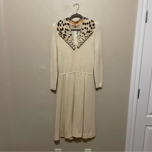 Vintage St. John Cream Dress with Cheetah Collar Sz 10